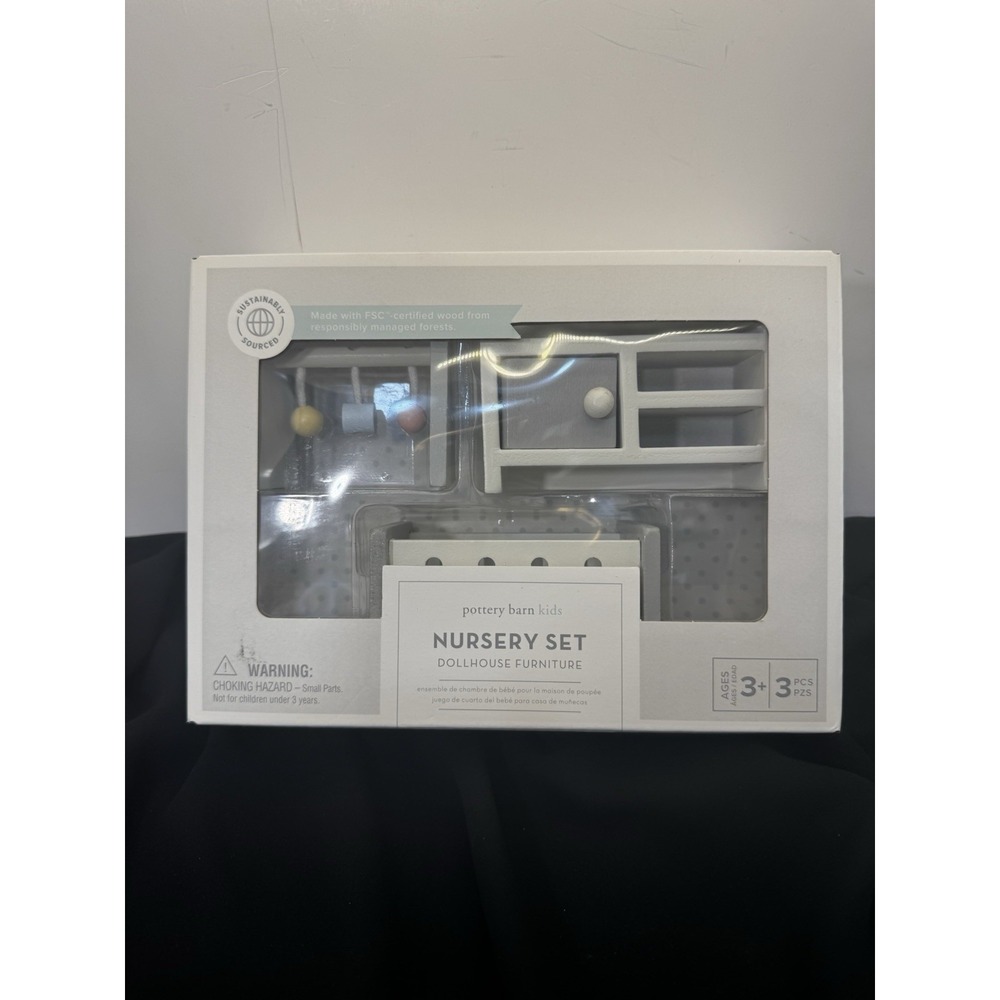 Pottery Barn Kids Dollhouse Furniture Nursery Set BRAND NEW Wood 3 Piece Neutral